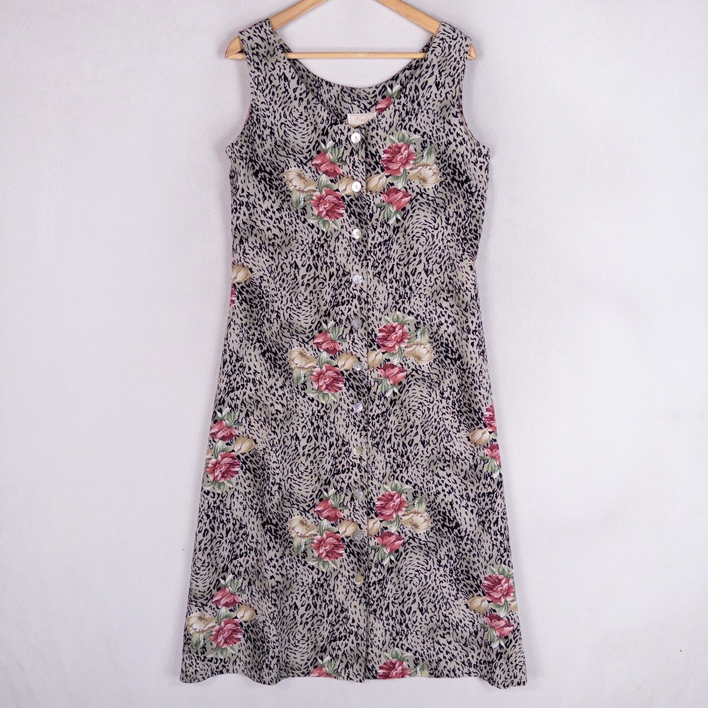 Voir Collection Womens Midi Dress Medium Multi Leopard Floral Button Front Vtg